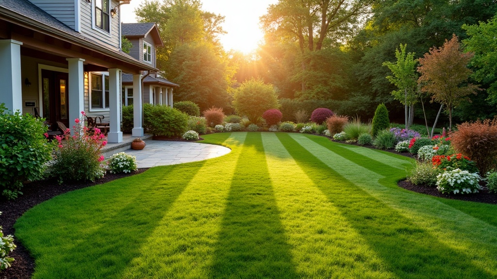 Beautiful landscaped backyard with green lawn and patio